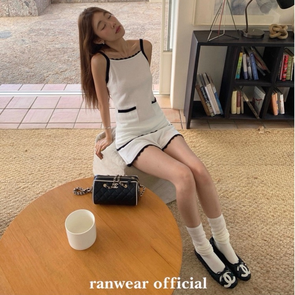 White Knit Tank Matching Set with Black Trim